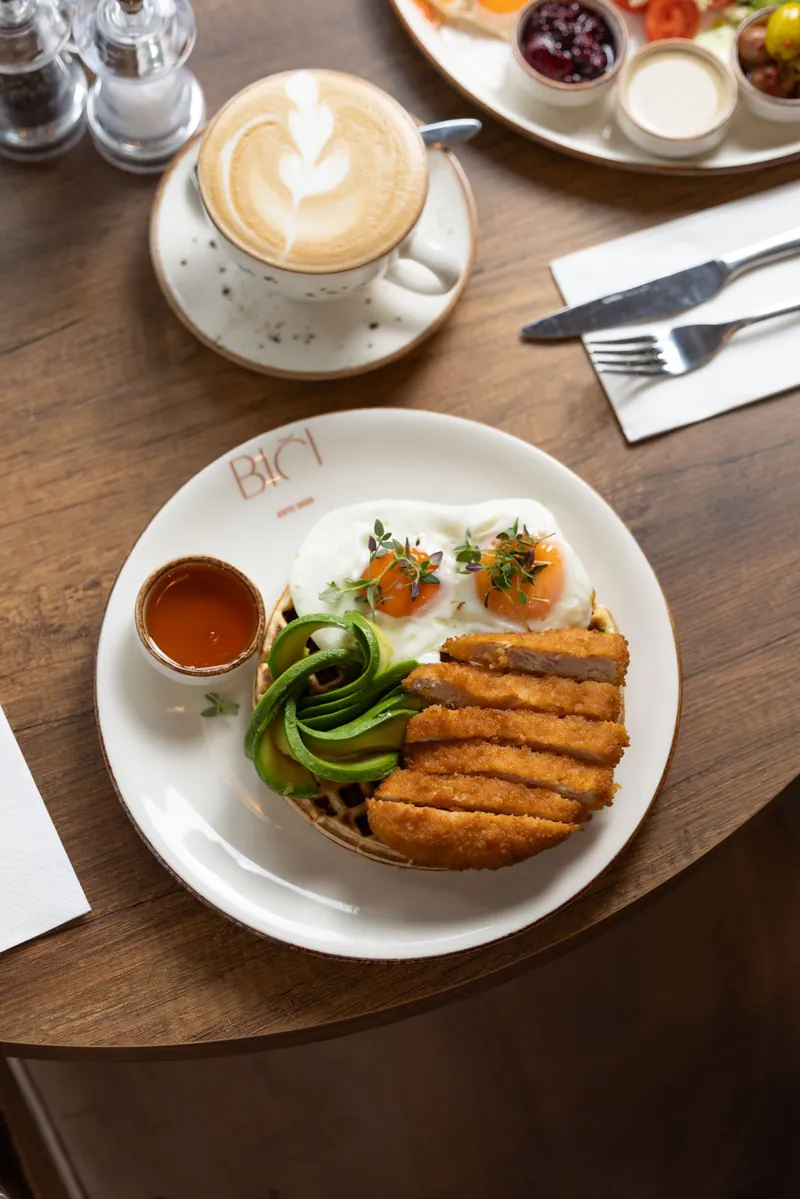 Brunch plate with a cappuccino