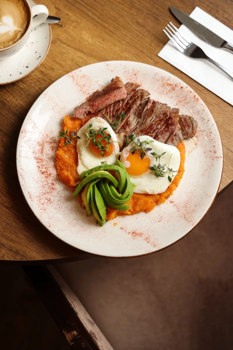Sirloin steak, eggs and avocado